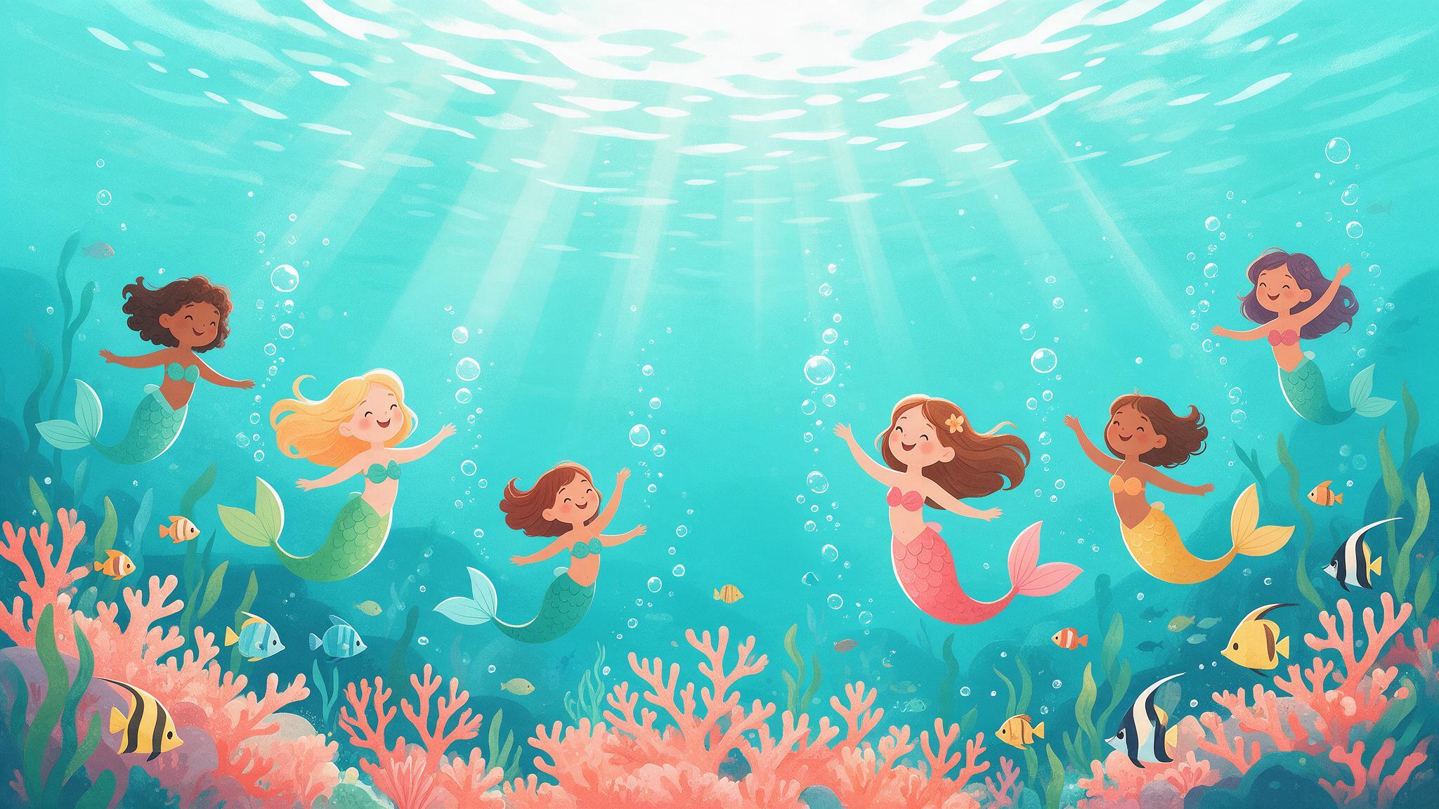 Colourful illustration of cheerful mermaids dancing together in a bright turquoise coral reef